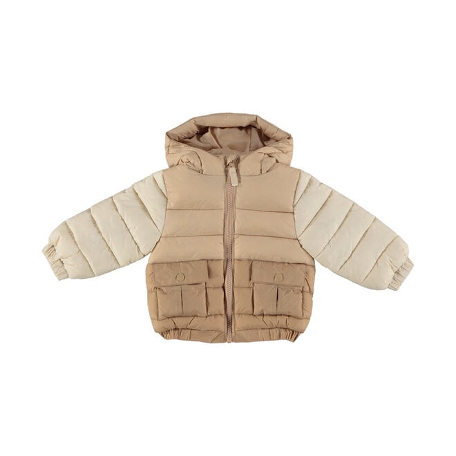 Dirkje jongens winterjas beige colourblock puffer waterafstotend