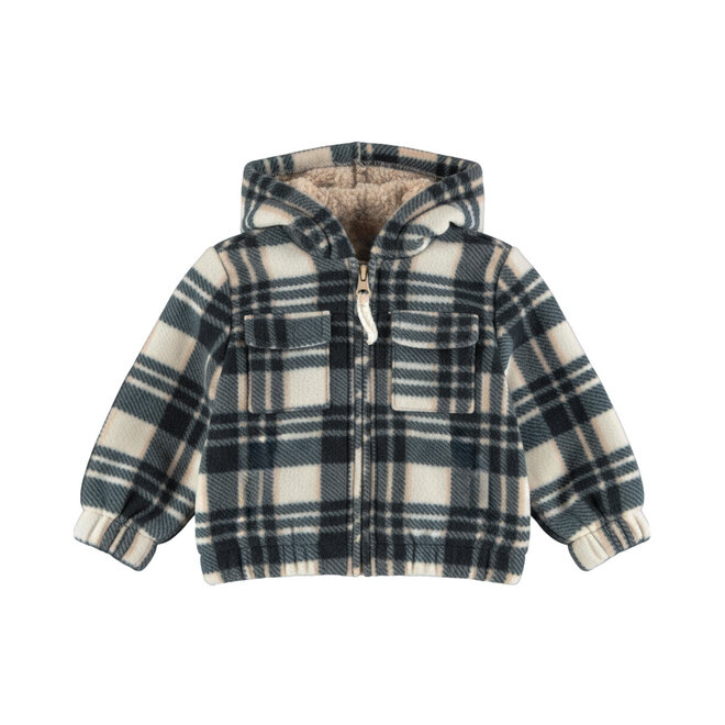 Dirkje boys’ cardigan, beige, checked fleece