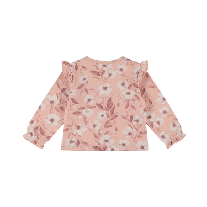 Dirkje girls’ long-sleeved top, light pink, flowers, ruffles