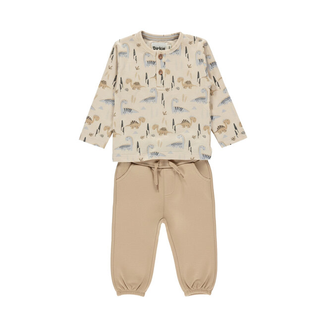 Dirkje jongens set beige longsleeve joggingbroek dino