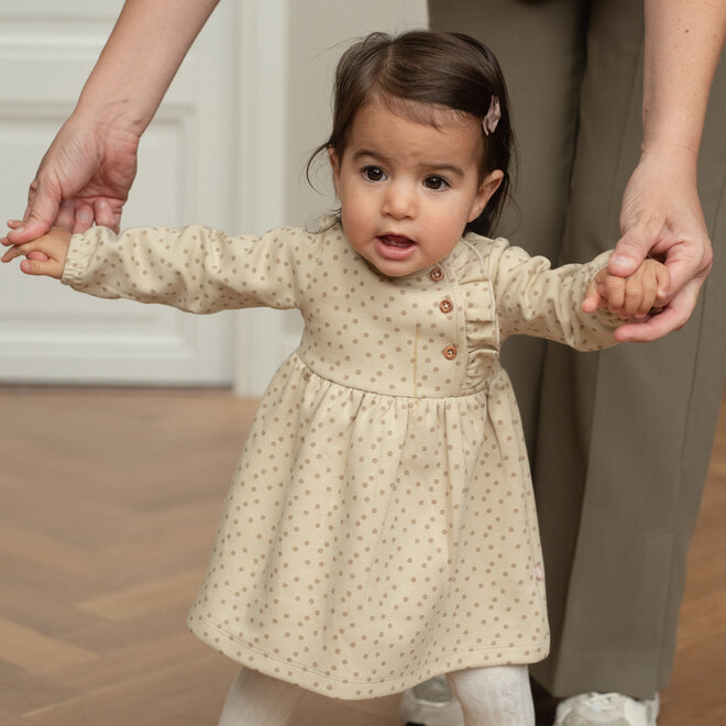 Dirkje girls’ dress, beige, polka dots, ruffles
