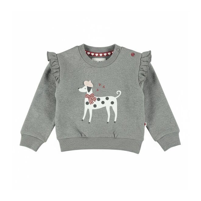 Dirkje Mädchenpullover in Grau mit Hundemotiv und Rüschen