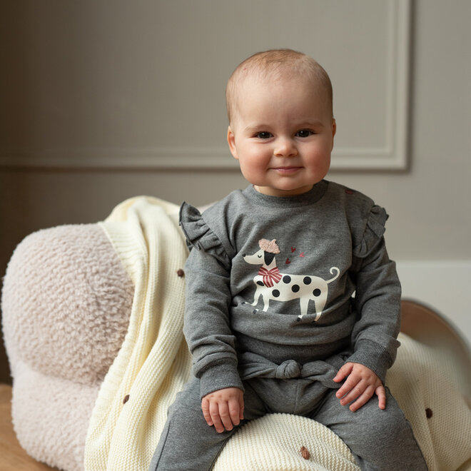 Dirkje Mädchenpullover in Grau mit Hundemotiv und Rüschen