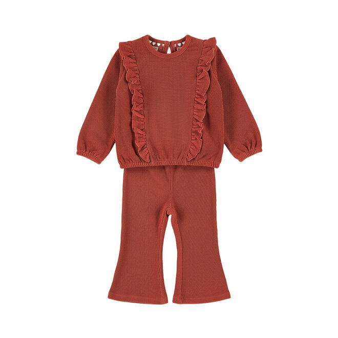 Dirkje Mädchen-Set: roter Pullover und ausgestellte Hose mit Rüschen