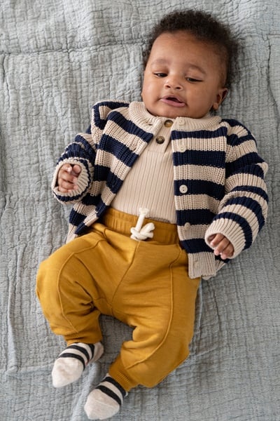 Knitted Baby Cardigan Soft Beige & Blue Stripes Knit