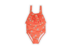 Swimsuit chest ruffle daisies print  Blush