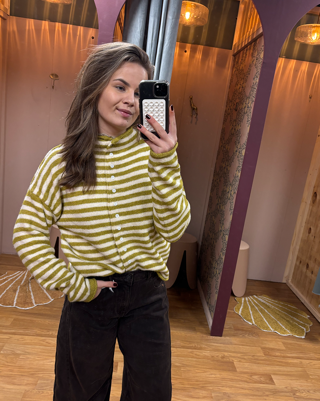 Vest Knoopjes Gestreept Groen/Creme