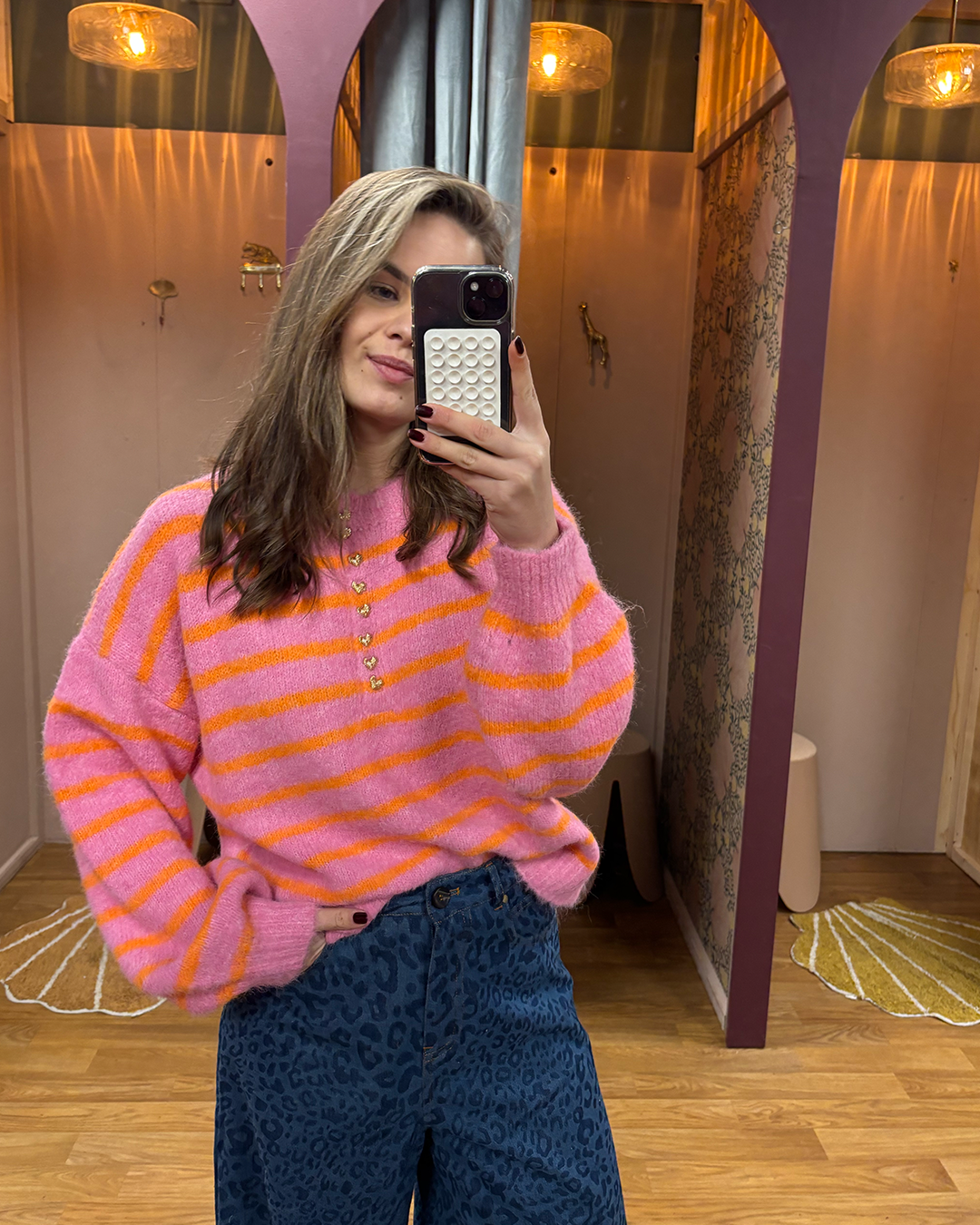 Trui Gestreept Knoopjes Roze/Oranje