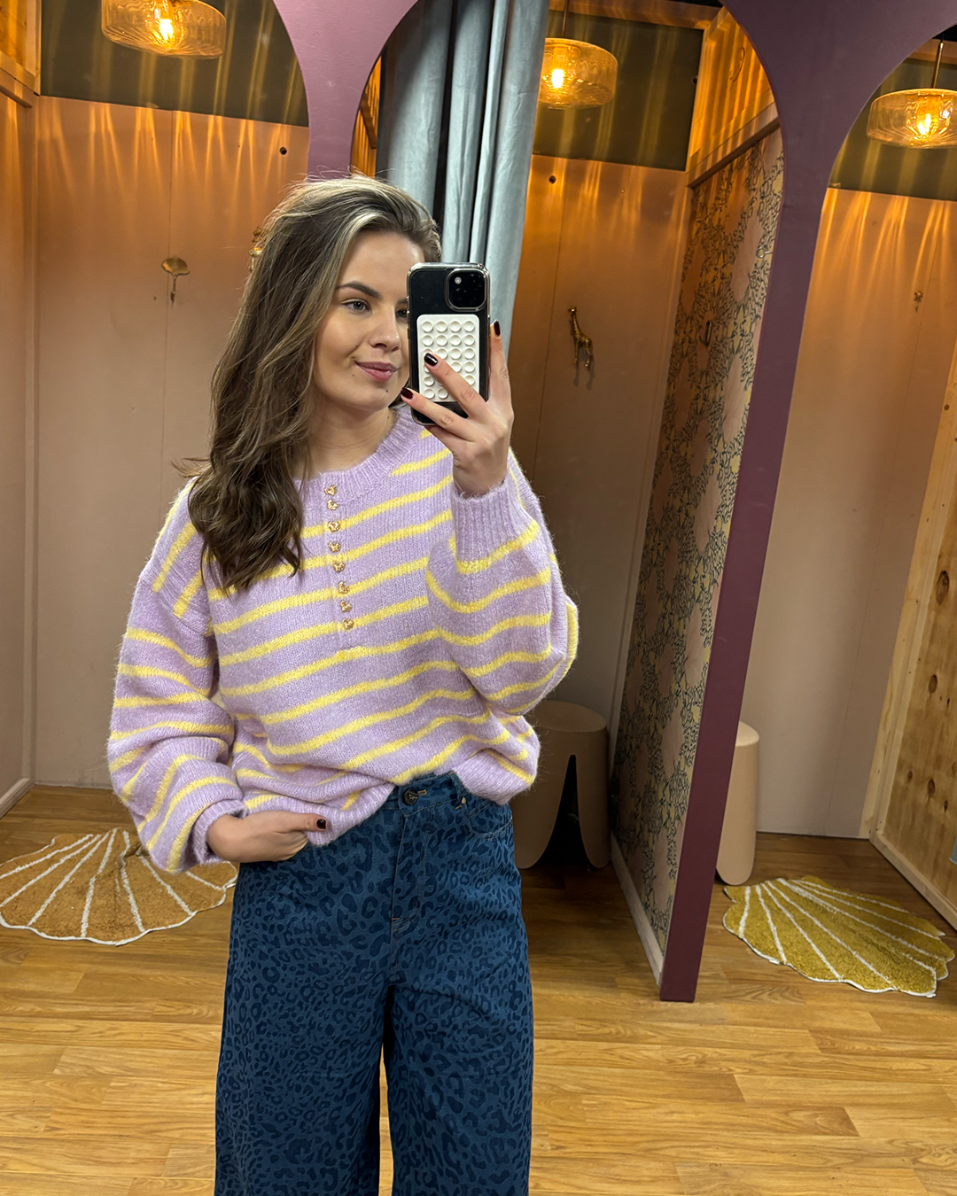 Trui Gestreept Knoopjes Lila/Geel