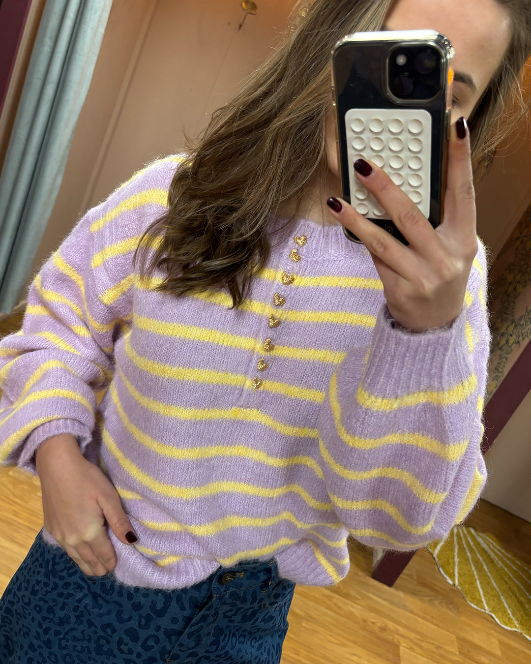 Trui Gestreept Knoopjes Lila/Geel