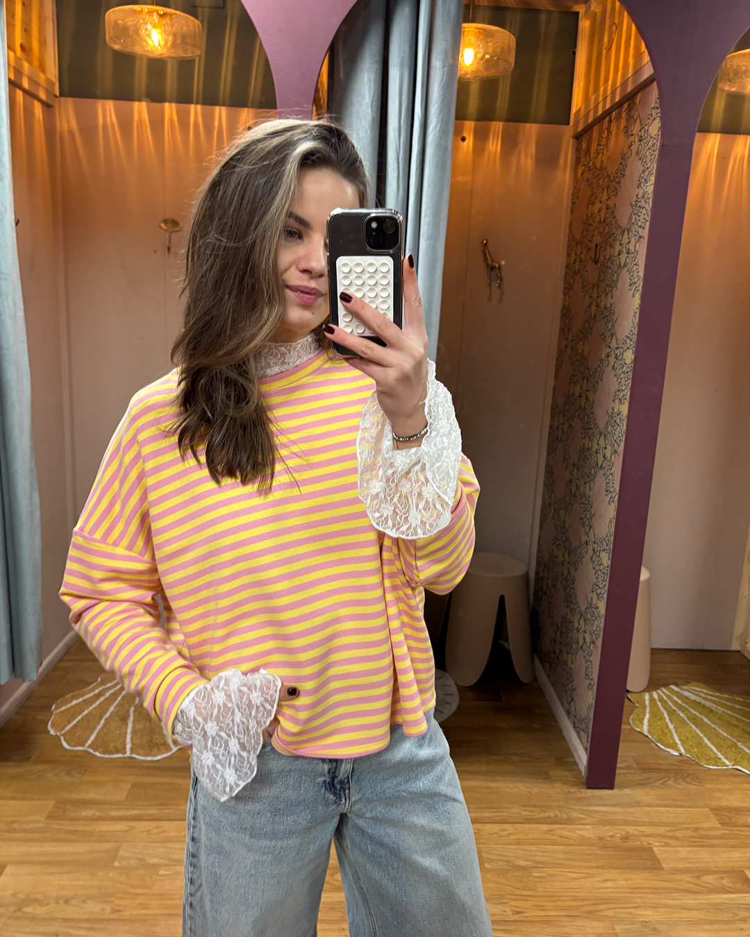 Longsleeve Sweat Striped Roze/Geel