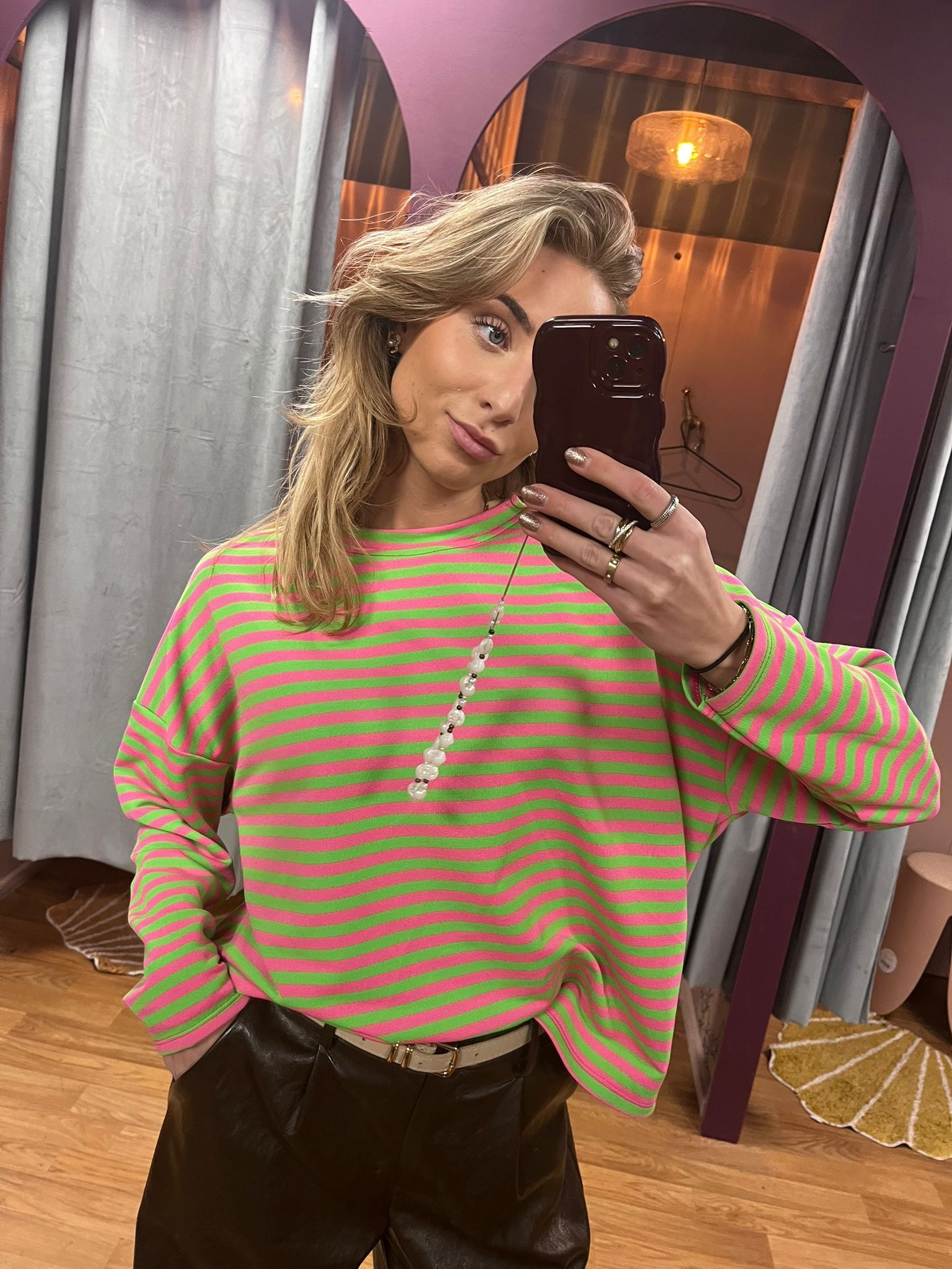 Suzan Longsleeve sweat striped groen/roze OS