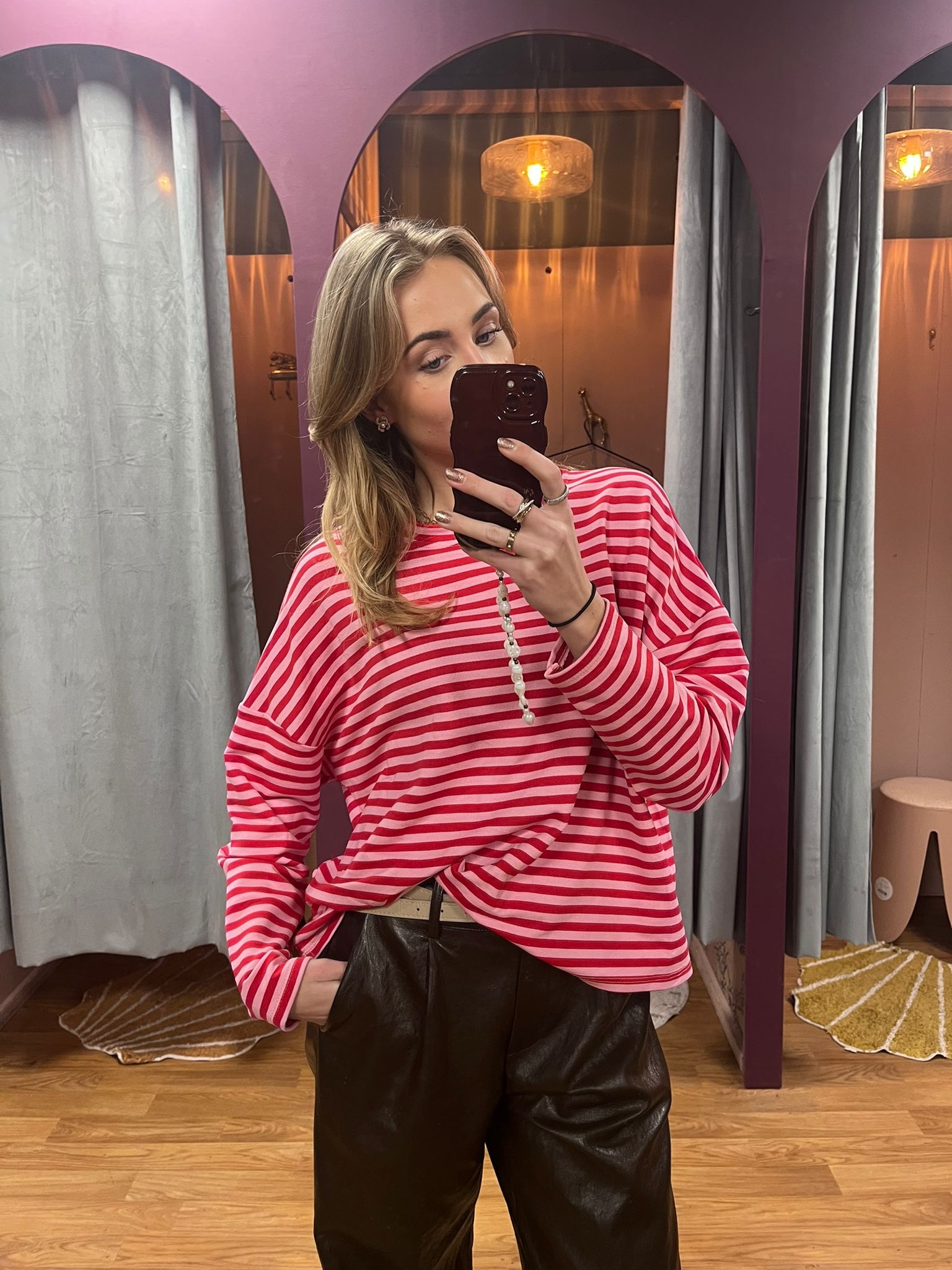 Longsleeve sweat striped rood/roze OS