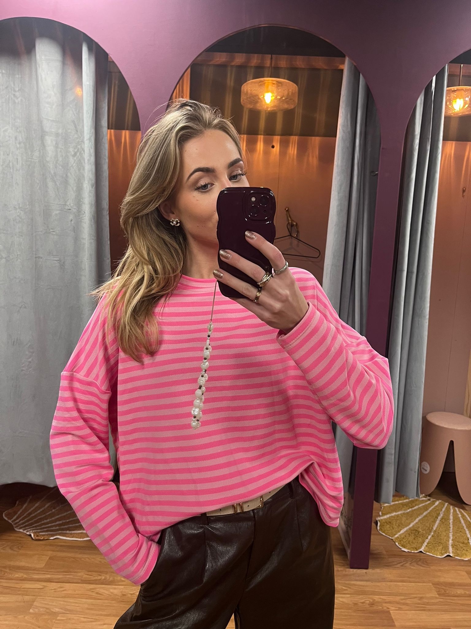 Longsleeve sweat striped licht roze/donker roze OS