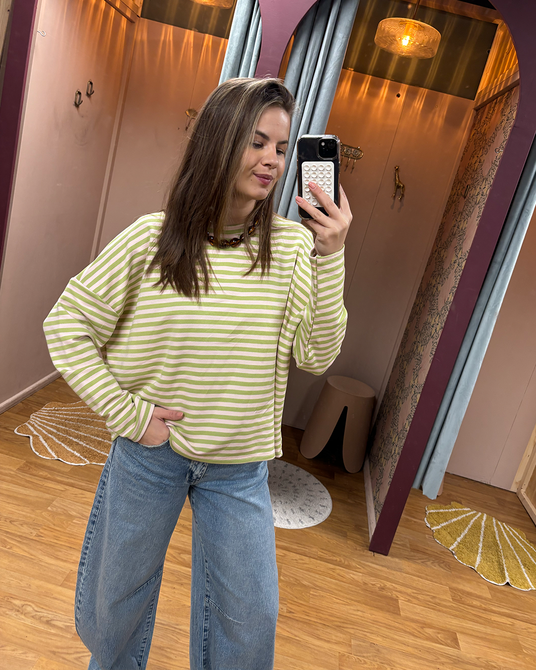 Suzan longsleeve sweat striped lichtgroen/roze