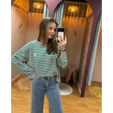 Longsleeve sweat striped donkergroen/roze OS