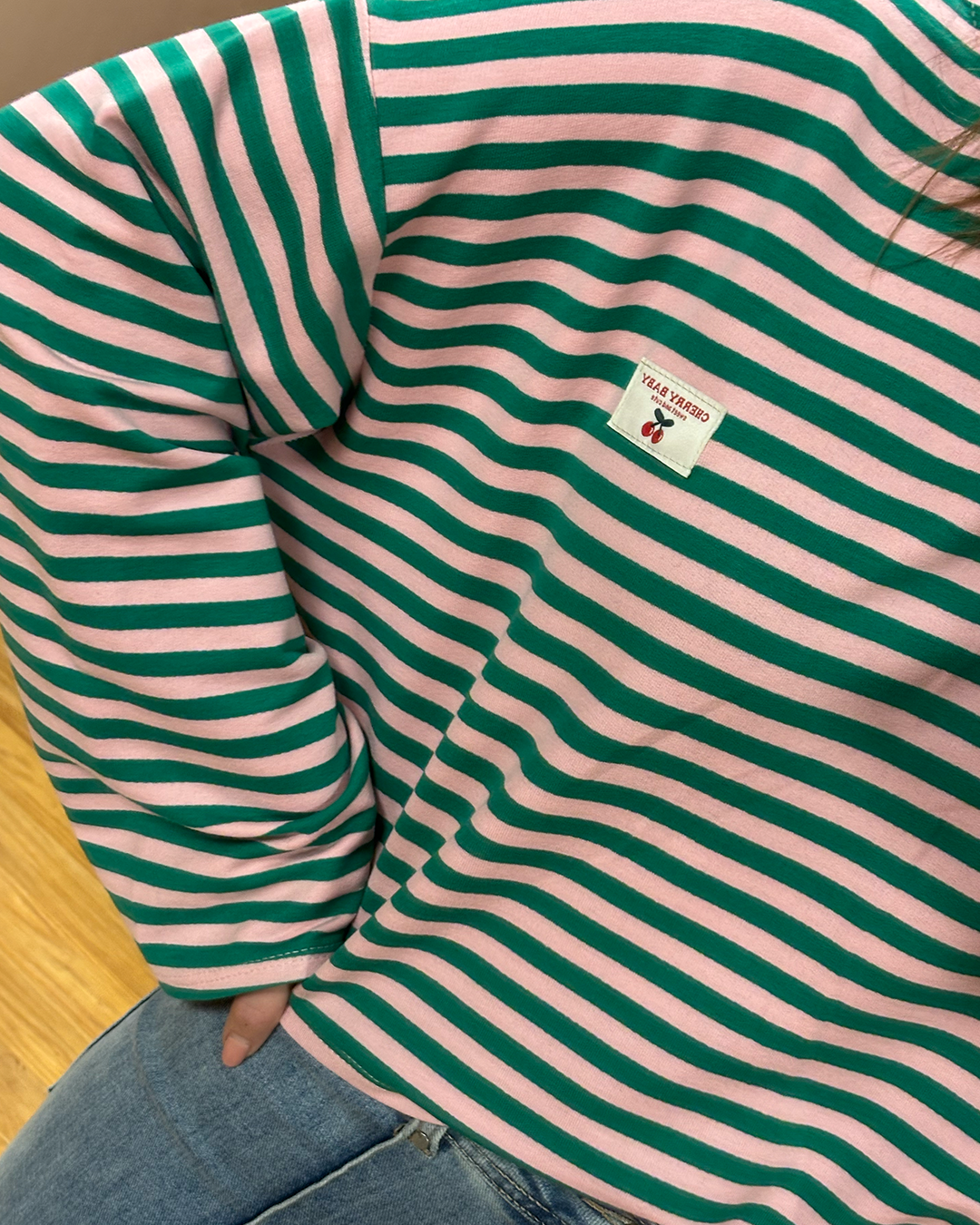 Longsleeve sweat striped donkergroen/roze OS