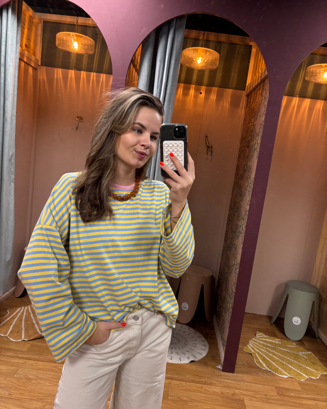 Freekje longsleeve sweat striped geel/blauw OS