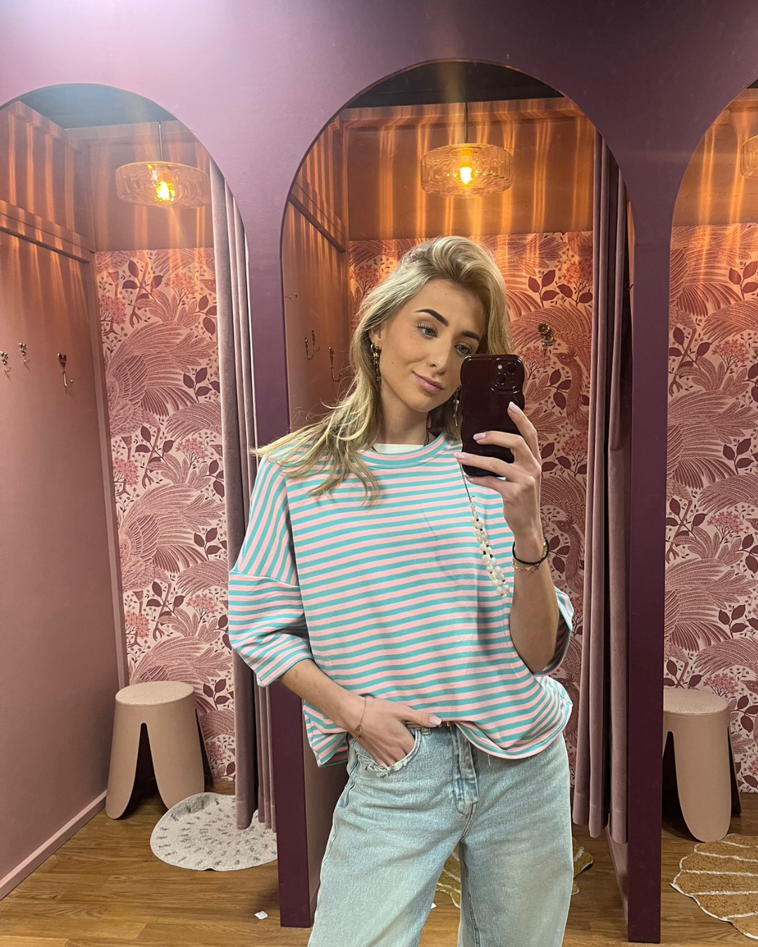 Suzan Striped T-shirt azuur blauw/roze