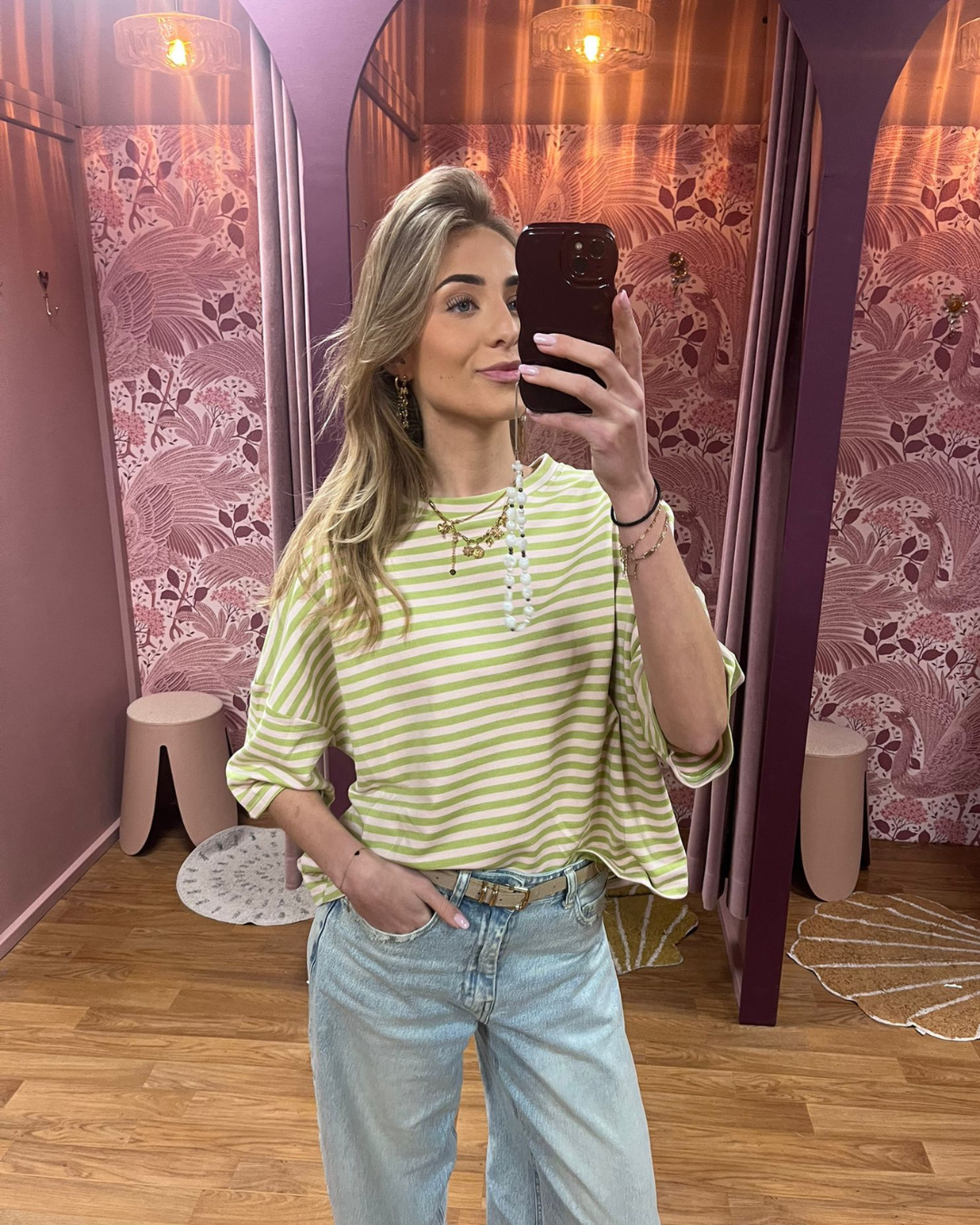 Suzan Striped T-shirt groen/licht roze