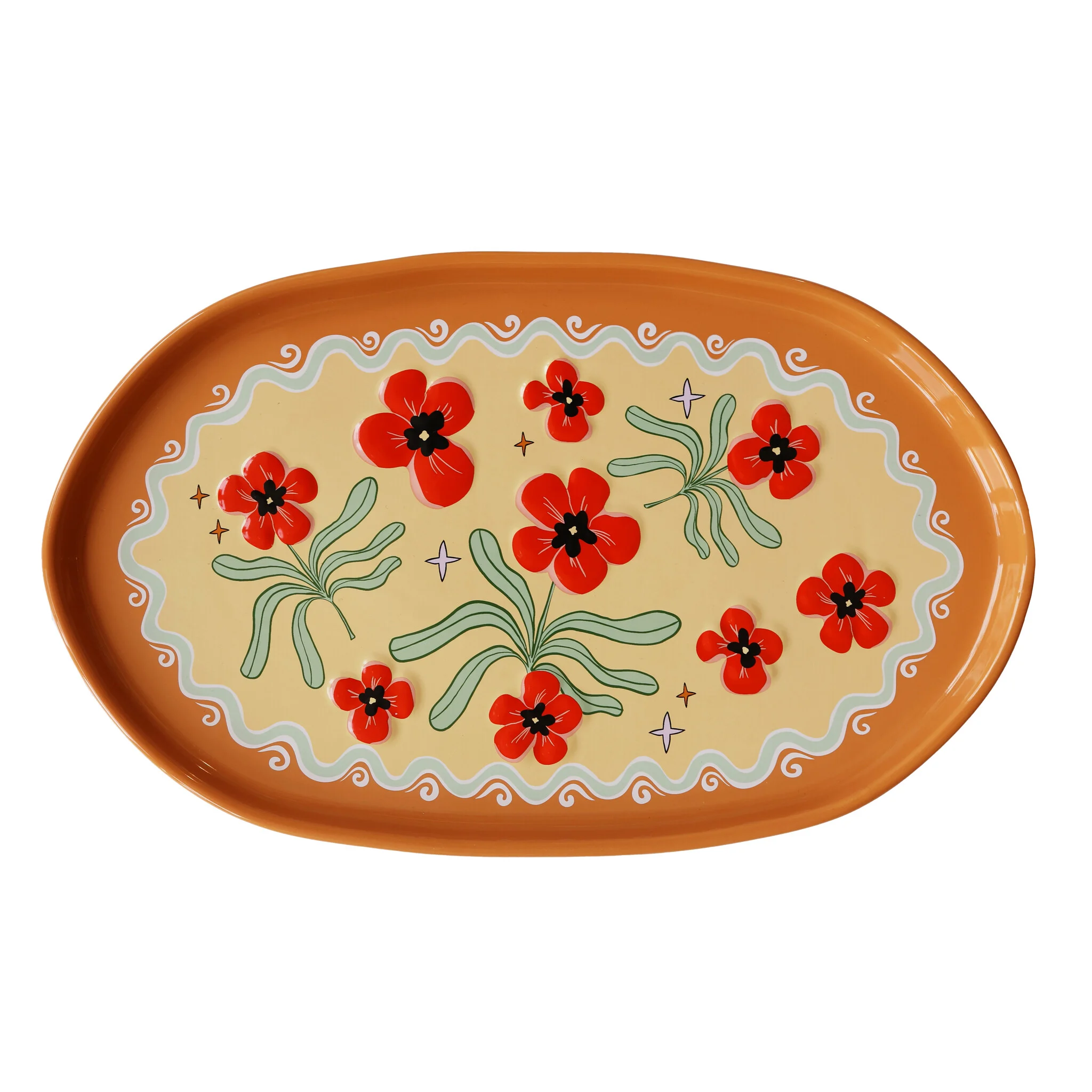 Large Oval Plate Orange With Flowers