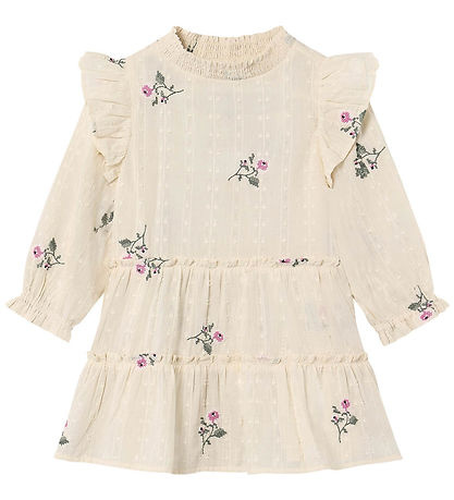 Dobby Ls Rose Embr Dress Sandshell