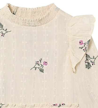 Dobby Ls Rose Embr Dress Sandshell