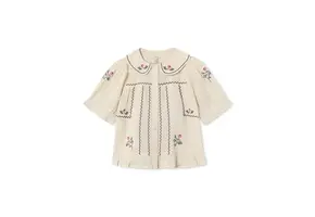 Dobby Ss Rose Embr Blouse Sandshell
