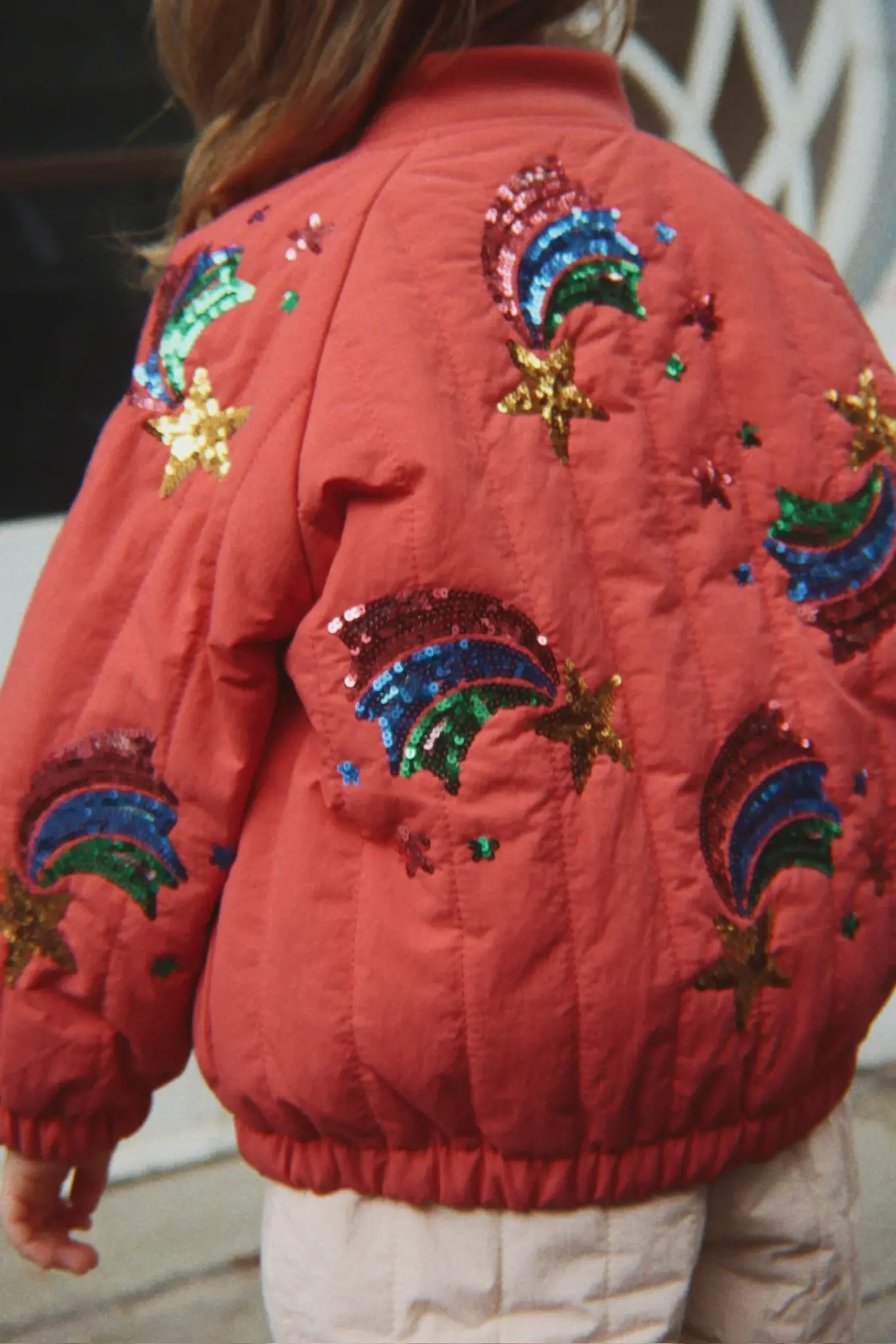 Juno Sequin Rainbow Bomber Jacket Cardinal