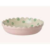Stoneware Pie Dish in Two Tone Pink and Creme with Green Dots - Small