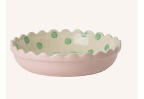 Stoneware Pie Dish in Two Tone Pink and Creme with Green Dots - Small
