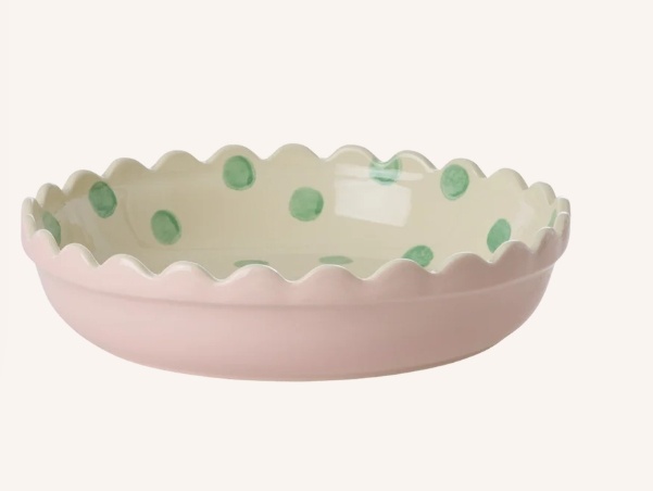 Stoneware Pie Dish in Two Tone Pink and Creme with Green Dots - Small