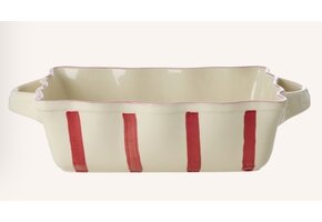 Stoneware Oven Dish in Creme with Red Stripes and Pink Edge - Medium
