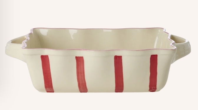 Stoneware Oven Dish in Creme with Red Stripes and Pink Edge - Medium