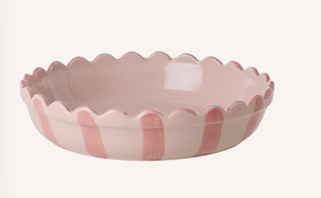 Stoneware Pie Dish in Pink with Coral Stripes and Edge - Small
