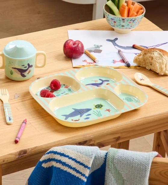 Melamine Baby Dinner Set in Gift Box - Blue Ocean Print - 4 pcs