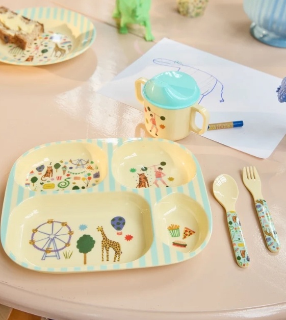 Melamine Baby Dinner Set in Gift Box - Mint Fun Fair Print - 4 pcs