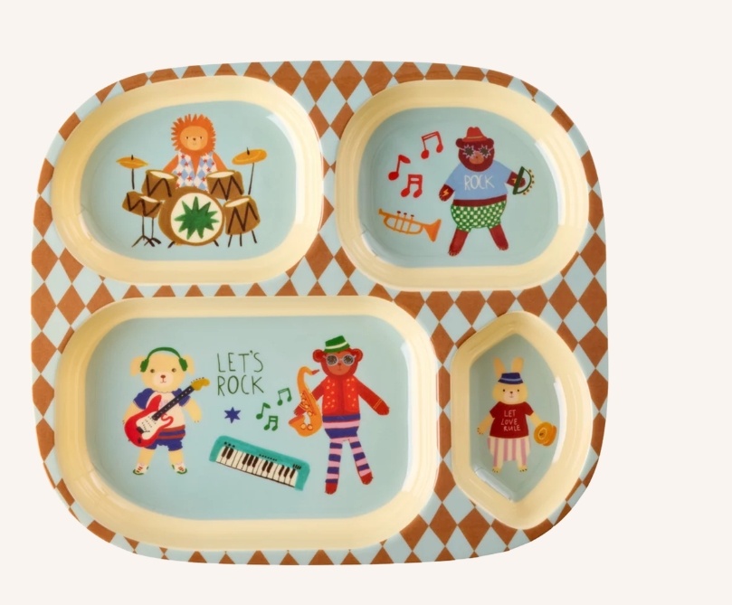 Melamine Kids 4 Room Plate with Blue Music Band Print