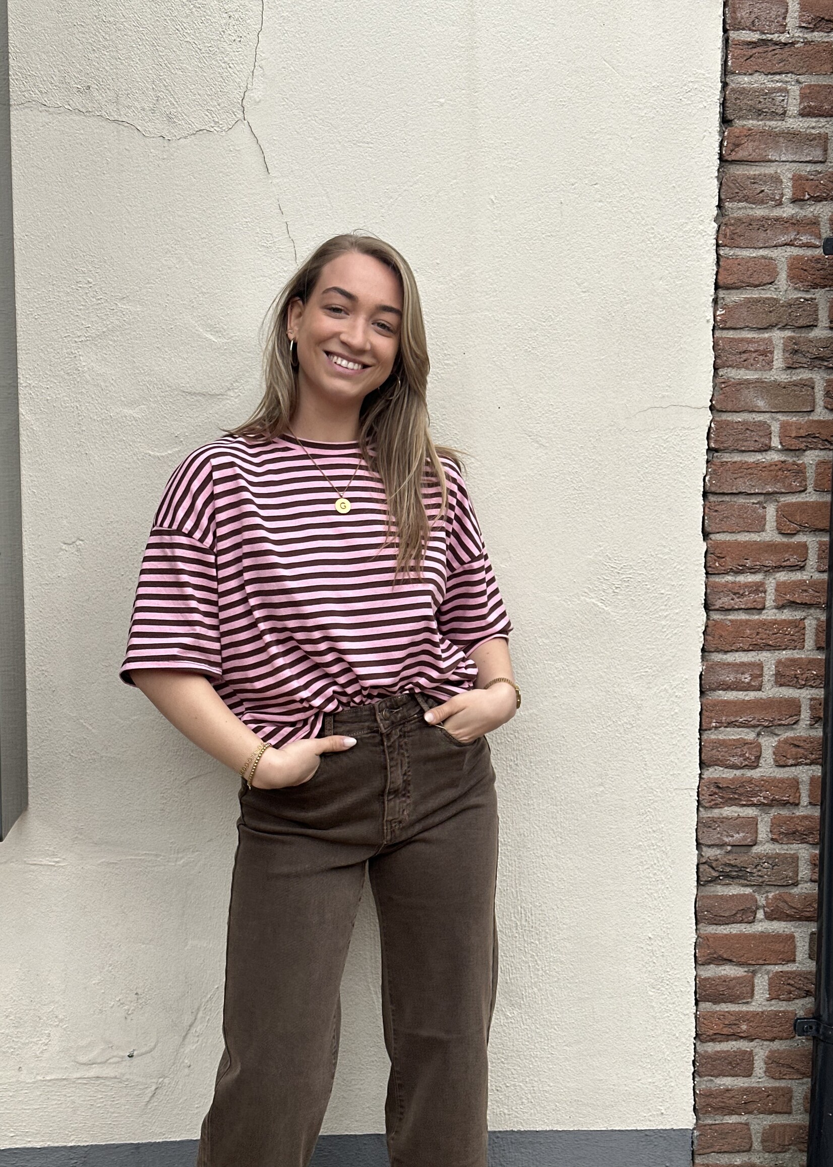 Streep shirt - Pink & Brown