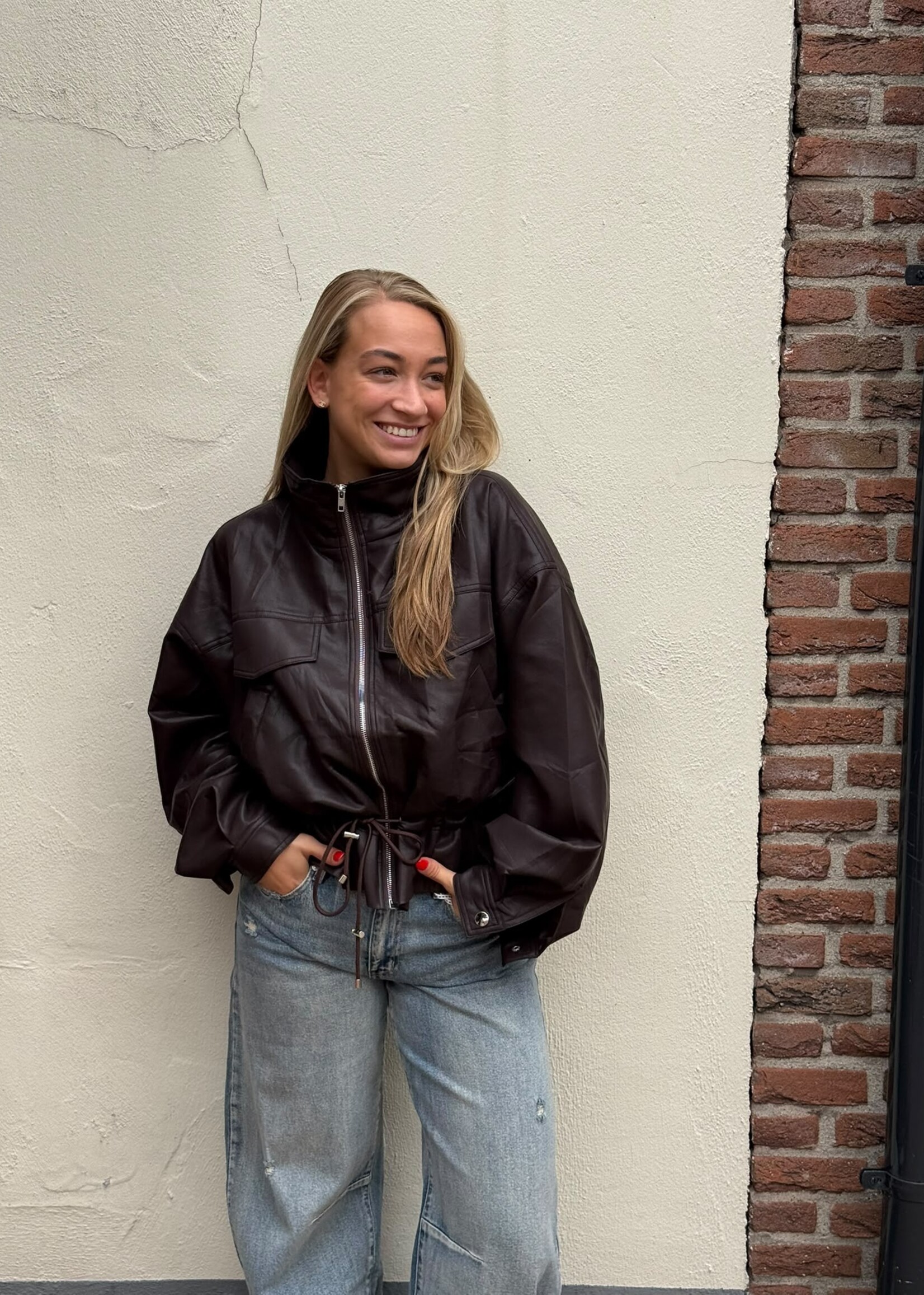 Bruine leren jas Pip -