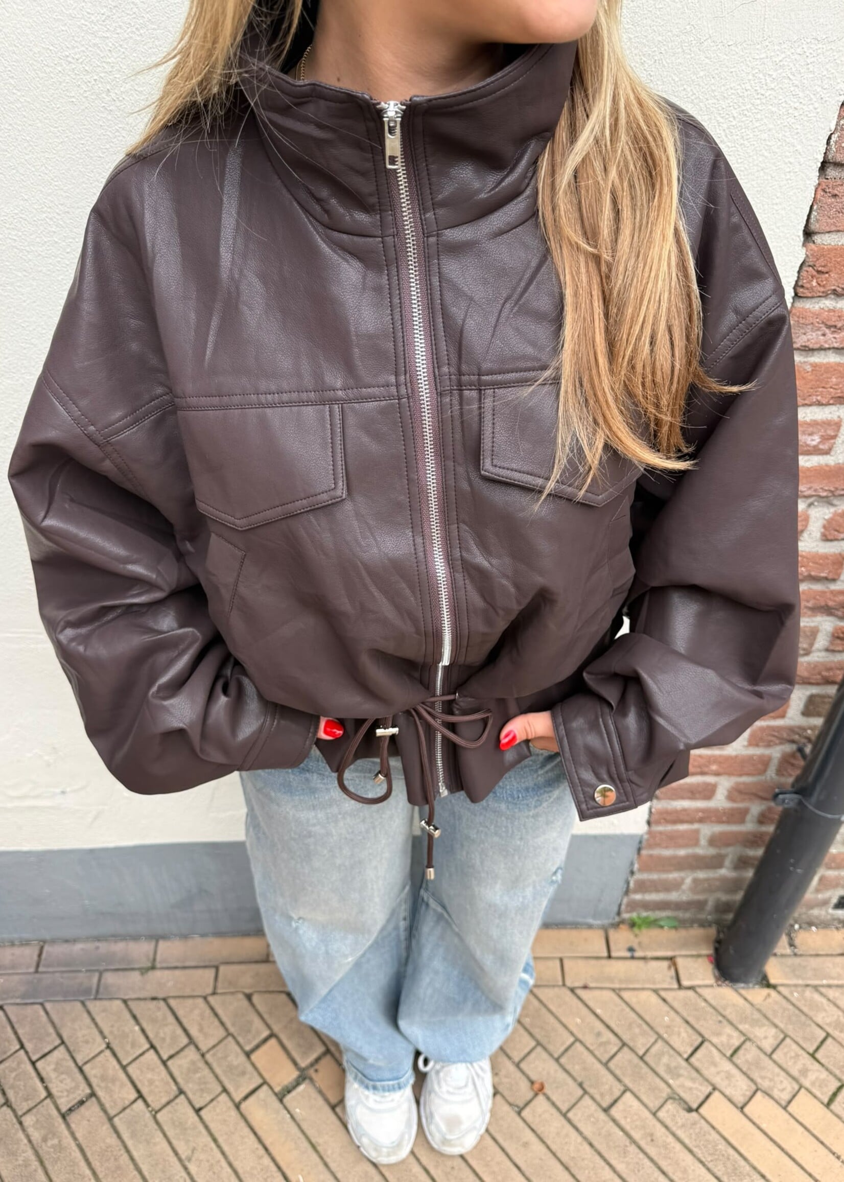 Bruine leren jas Pip -