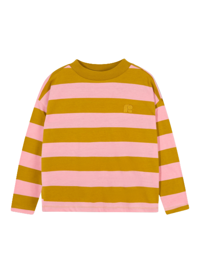 Boxy Long Tee Golden Soft Pink Block Stripe