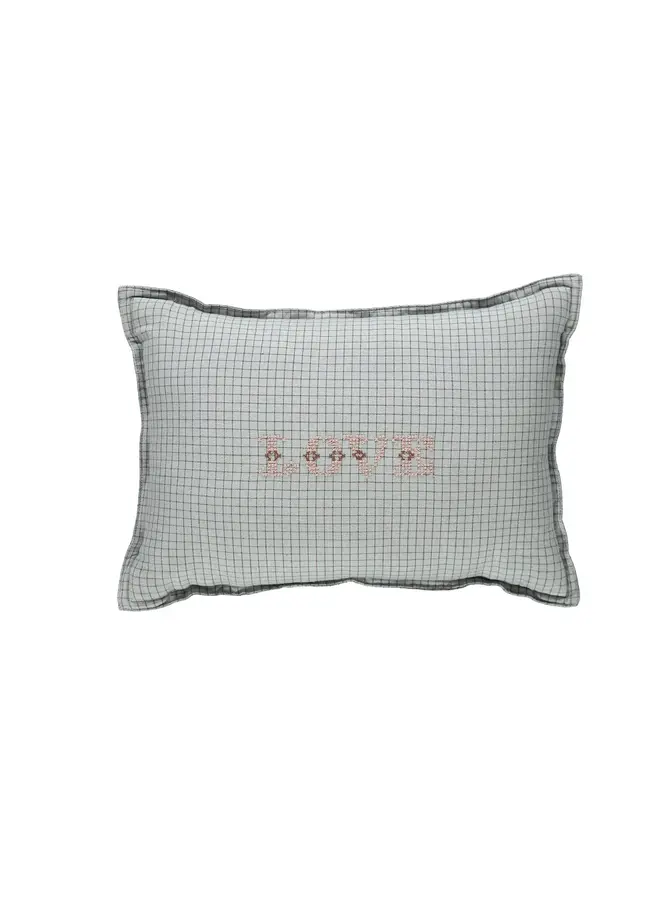 Camomile London Small Love Cushion Light Blue Check