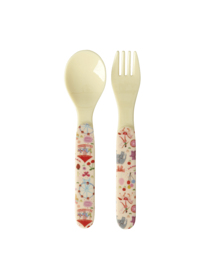 Baby Melamine Spoon and Fork Fun Fair Print Pink