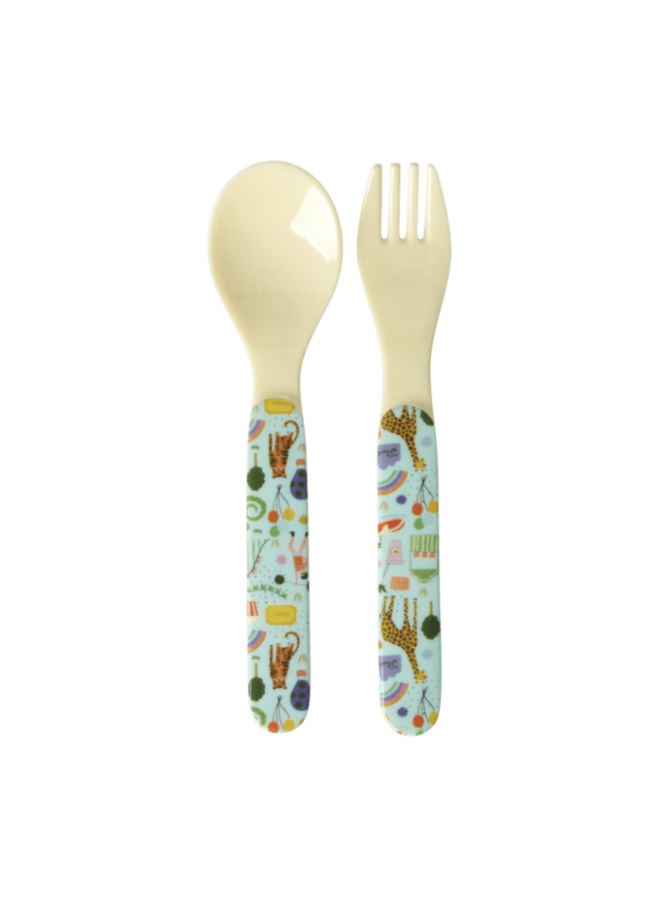 Baby Melamine Spoon and Fork Fun Fair Print Mint