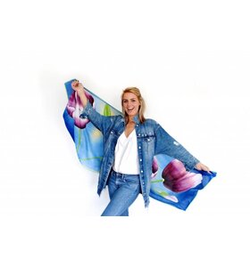 Tulpensjaal blauw met paarse tulpen