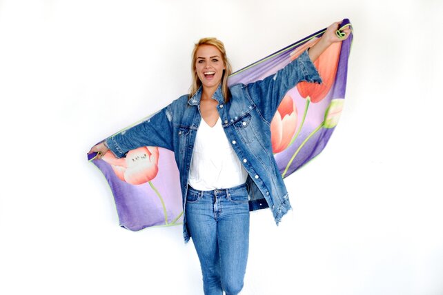 Tulpensjaal Paars met rode tulpen