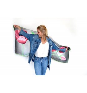 Tulpensjaal Grijs met roze/rode tulpen