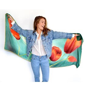 Tulpensjaal groen met rode tulpen