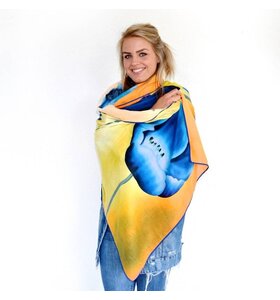 Tulpensjaal oranje met blauwe tulpen